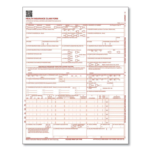 Cms Health Insurance Claim Form, Two-part Carbonless, 8.5 X 11, 100 Forms Total