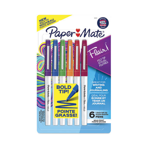 Flair Felt Tip Porous Point Pen, Stick, Bold 1.2 Mm, Assorted Ink Colors, White Pearl Barrel, 6/pack