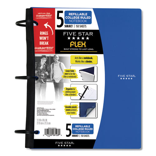 Flex Notebook, 5-subject, Medium/college Rule, Randomly Assorted Cover Color, (150) 11 X 8.5 Sheets