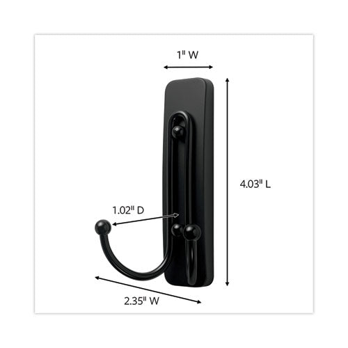 Adhesive Mount Metal Hook, Large, Double Hook, Matte Black Finish, 4 Lb Capacity, 1 Hook And 1 Strip/pack