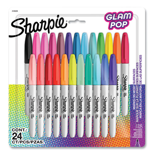 Fine Tip Permanent Marker, Fine Bullet Tip, Assorted 80s Glam Colors, 24/pack