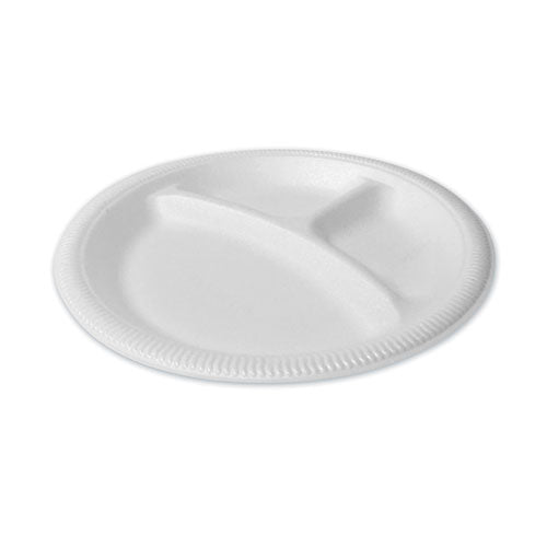 Foam Dinnerware, Plate, 3-compartment, 9" Dia, Poly Bag, White, 125/sleeve, 4 Sleeves/bag, 1 Bag/pack