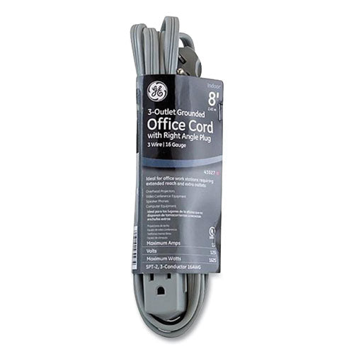 Power Strip, 3 Outlets, 8 Ft Cord, Gray