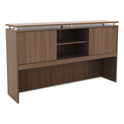 Alera Sedina Series Hutch With Sliding Doors, 66w X 15d X 42.5h, Modern Walnut