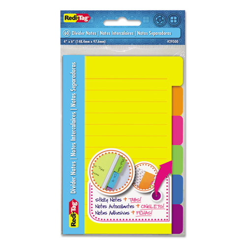 Index Sticky Notes, 6-tab Sets, Note Ruled, 4" X 6", Assorted Colors, 60 Sheets/set, 2 Sets/pack