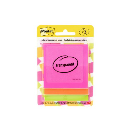 Transparent Notes, Unruled, 2.88" X 2.88", Assorted Transparent Colors, 36 Sheets/pad, 3 Pads/pack