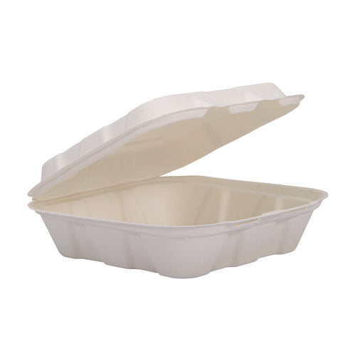 Compostable Fiber Hinged Trays, Proplanet Seal, 8.03 X 8.38 X 1.93, Ivory, Molded Fiber, 200/carton