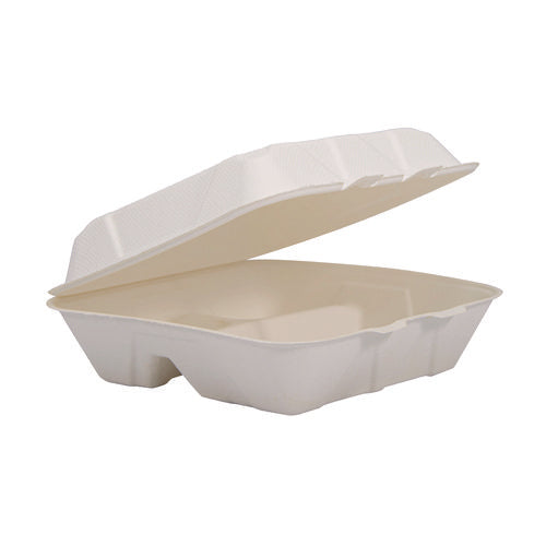 Compostable Fiber Hinged Trays, Proplanet Seal, 3-compartment, 9.25 X 9.45 X 2.17, Ivory, Molded Fiber, 200/carton