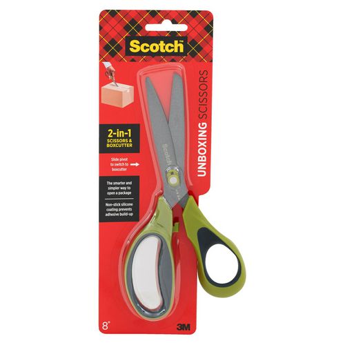 Non-stick Unboxing Scissors, 8" Long, 2.7" Cut Length, Green/black Handle