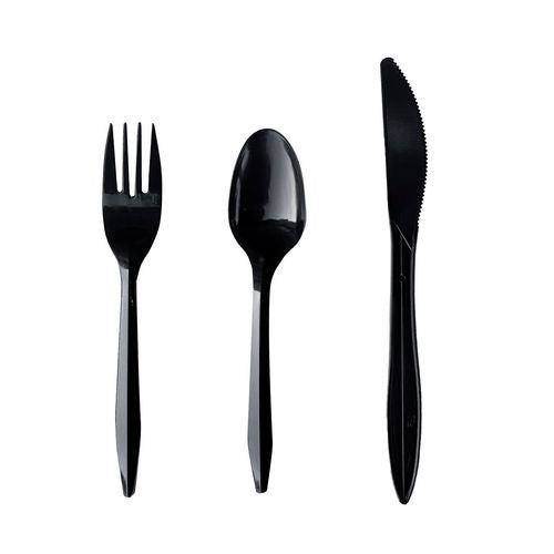 Three-piece Cutlery Kit, Fork/knife/teaspoon, Polypropylene, Black, 250/carton