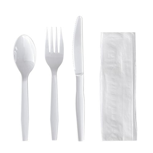 Four-piece Cutlery Kit, Fork/knife/napkin/teaspoon, Mediumweight, Polystyrene, White, 250/carton