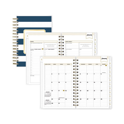 Day Designer Navy Stripe Daily/monthly Planner, Horizontal Stripe Artwork, 8 X 5, Navy/white Cover, 12-month (jan-dec): 2025