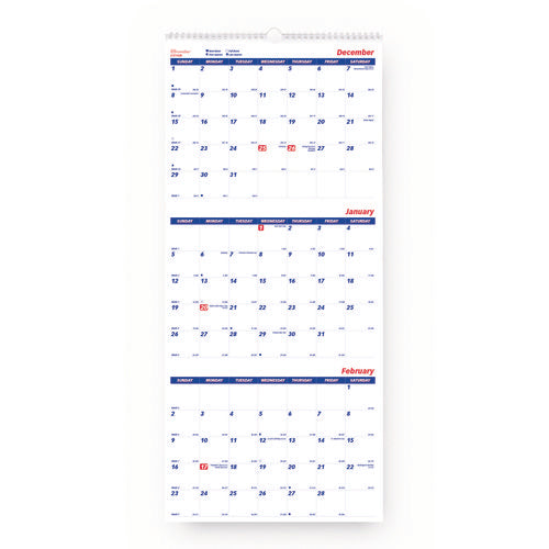 Three-month Wall Calendar, 12.25" X 27", White/blue Sheets, 14-months: Dec 2024 To Jan 2026