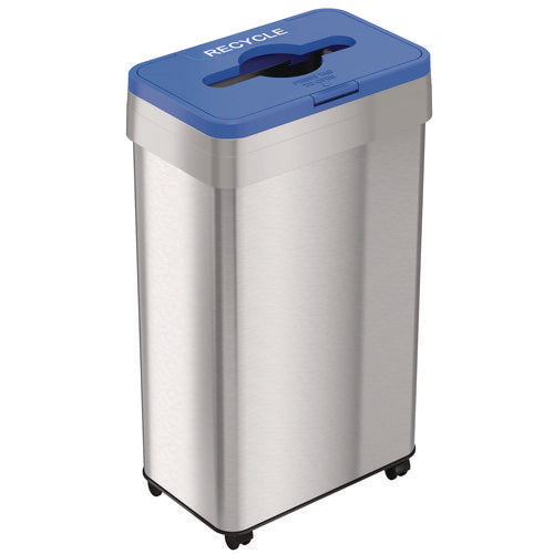 Open Top Recycling Bin With Wheels And Color-coded Lid, 21 Gal, Plastic/stainless Steel, Silver/blue