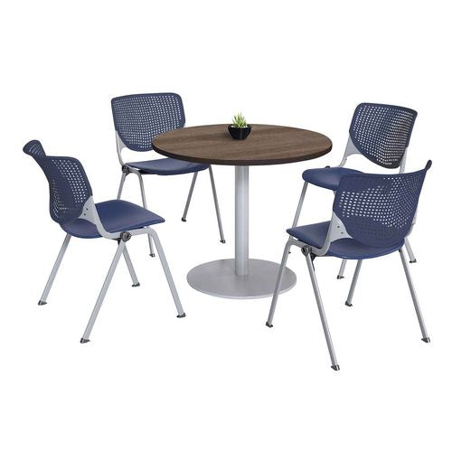 Pedestal Table With Four Navy Kool Series Chairs, Round, 36" Dia X 29h, Studio Teak