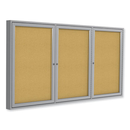 3 Door Enclosed Natural Cork Bulletin Board With Satin Frame, 96" X 48", Tan Surface, Satin Aluminum Frame