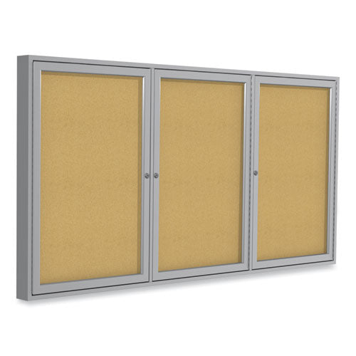 3 Door Enclosed Natural Cork Bulletin Board With Satin Frame, 72" X 48", Tan Surface, Satin Aluminum Frame