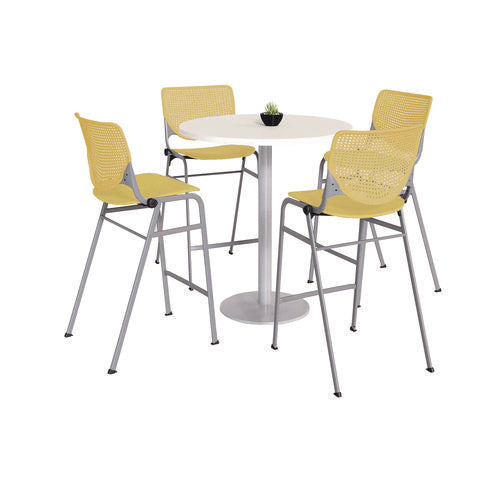 Pedestal Bistro Table With Four Yellow Kool Series Barstools, Round, 36"dia X 41h, Designer White