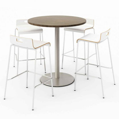 Pedestal Bistro Table With Four White Jive Series Barstools, Round, 36" Dia X 41h, Studio Teak