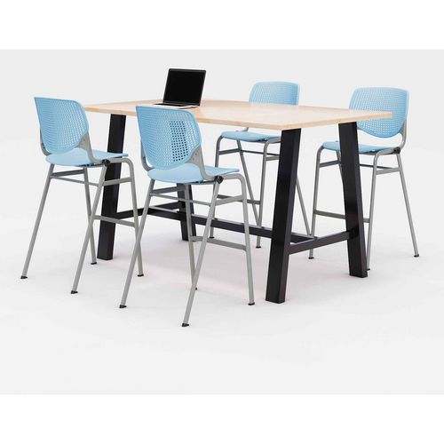 Midtown Bistro Dining Table With Four Sky Blue Kool Barstools, 36 X 72 X 41, Kensington Maple