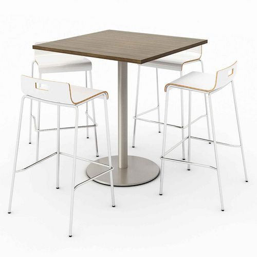 Pedestal Bistro Table With Four White Jive Series Barstools, Square, 36 X 36 X 41, Studio Teak