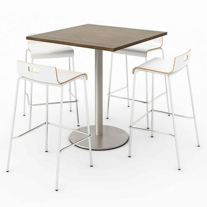 Pedestal Bistro Table With Four White Jive Series Barstools, Square, 36 X 36 X 41, Studio Teak