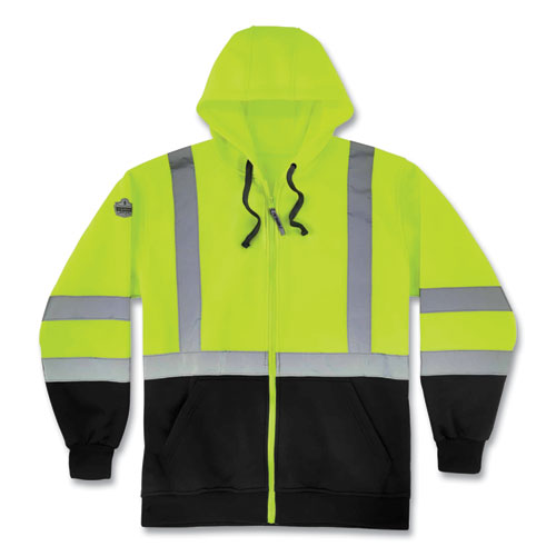 Glowear 8372 Zipup Hivis Class 3 Zip Hooded Sweatshirt With Black Bottom, Polar Fleece, Lime, Large