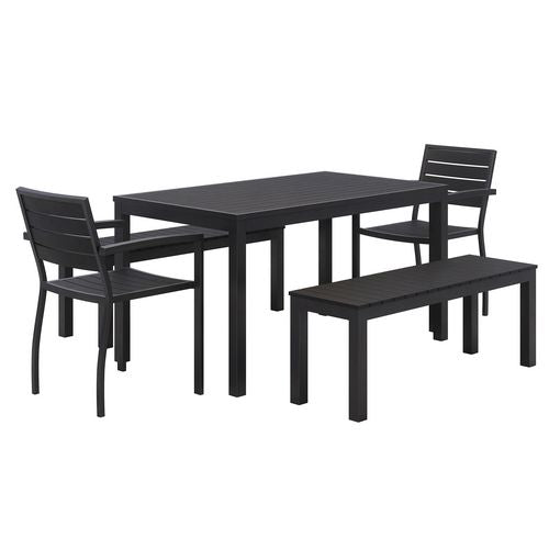 Eveleen Outdoor Patio Table With Two Black Powder-coated Polymer Chairs And Two Benches, 32 X 55, Gray