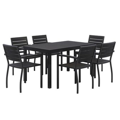 Eveleen Outdoor Patio Table With Six Black Powder-coated Polymer Chairs, 32 X 55 X 29, Black