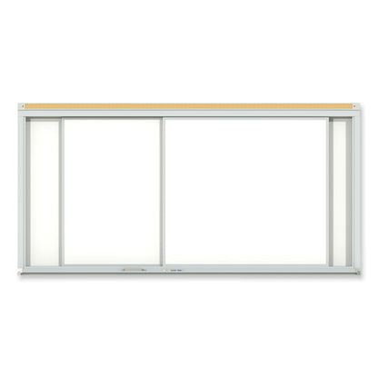 Horizontal Sliding Porcelain Magnetic Whiteboard, 72" X 48", White Surface, Anodized Aluminum Frame