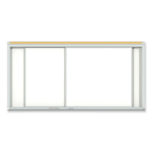 Horizontal Sliding Porcelain Magnetic Whiteboard, 72" X 48", White Surface, Anodized Aluminum Frame