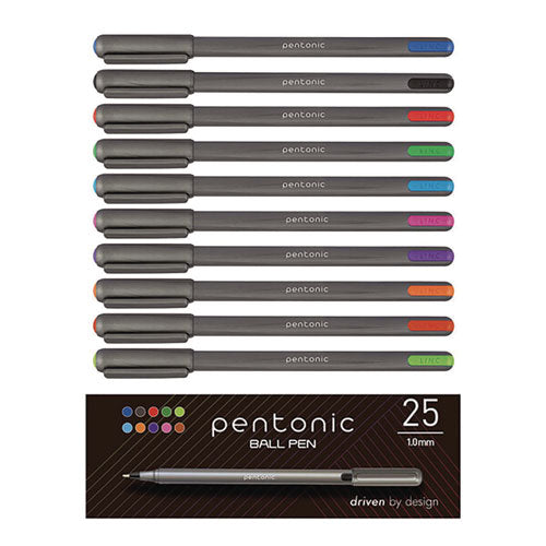 Pentonic Medium Point Ballpoint Pen, 1 Mm, Assorted Ink Colors, Charcoal Gray Barrel, 25/pack