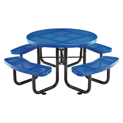 Perforated Steel Picnic Table, Round, 46" Dia X 29.5"h, Blue Top, Blue Base/legs