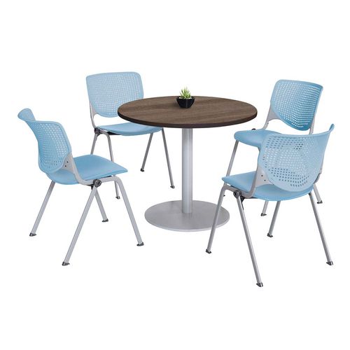 Pedestal Table With Four Sky Blue Kool Series Chairs, Round, 36" Dia X 29h, Studio Teak