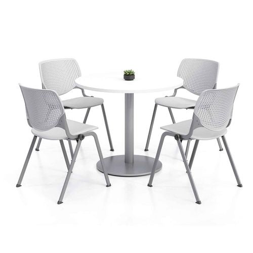 Pedestal Table With Four Light Gray Kool Series Chairs, Round, 36" Dia X 29h, Designer White