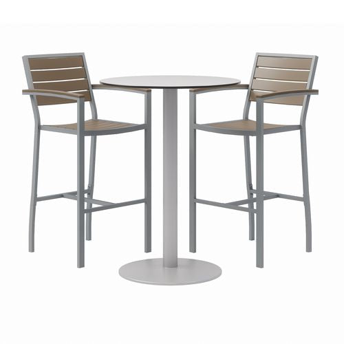 Eveleen Outdoor Bistro Patio Table, Two Mocha Powder-coated Polymer Barstools, Round, 30" Dia X 41h, Gray