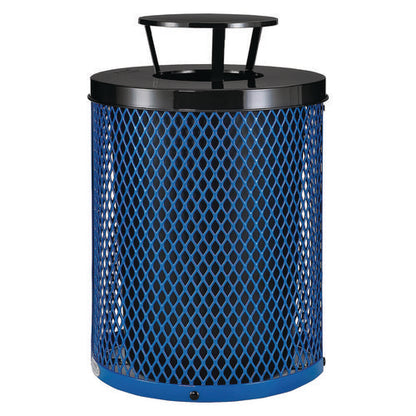 Outdoor Diamond Steel Trash Can, Rain Bonnet Lid, 36 Gal, Blue