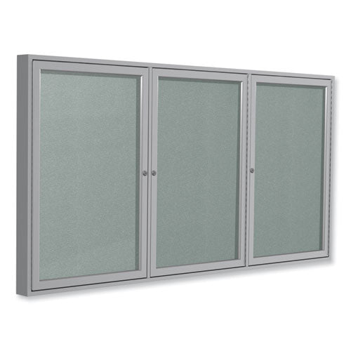 3 Door Enclosed Vinyl Bulletin Board With Satin Frame, 96" X 48", Silver Surface, Satin Aluminum Frame