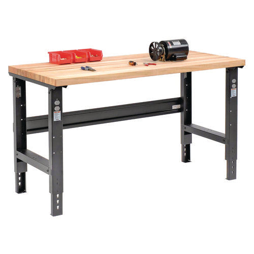 Standard Duty Butcher Block Top Adjustable Height Workbench, 2,000 Lbs, 60 X 30 X 30.88 To 36.88, Black