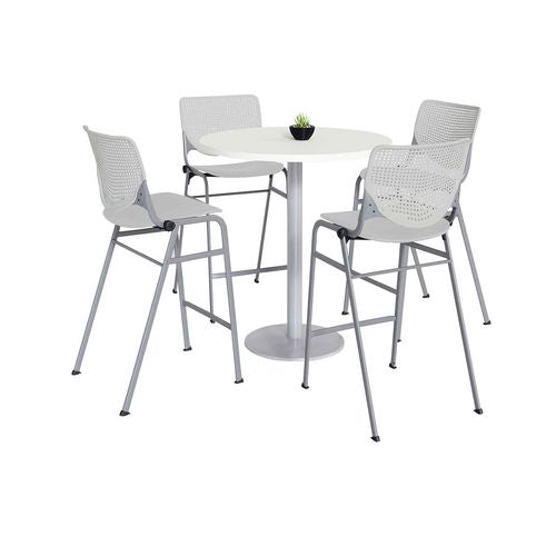 Pedestal Bistro Table With Four Light Gray Kool Series Barstools, Round, 36" Dia X 41h, Designer White