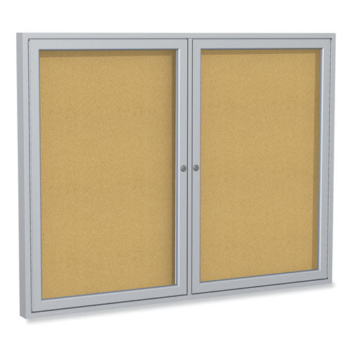 2 Door Enclosed Natural Cork Bulletin Board With Satin Frame, 48" X 36", Tan Surface, Satin Aluminum Frame