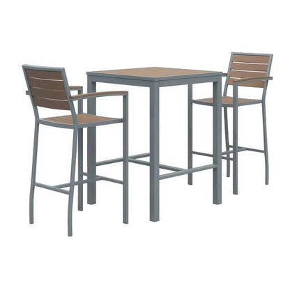 Eveleen Outdoor Bistro Patio Table With Two Mocha Powder-coated Polymer Barstools, 30" Square, Mocha