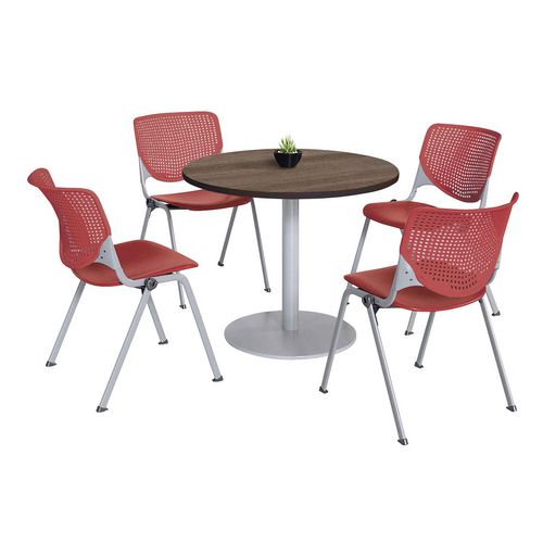 Pedestal Table With Four Coral Kool Series Chairs, Round, 36" Dia X 29h, Studio Teak