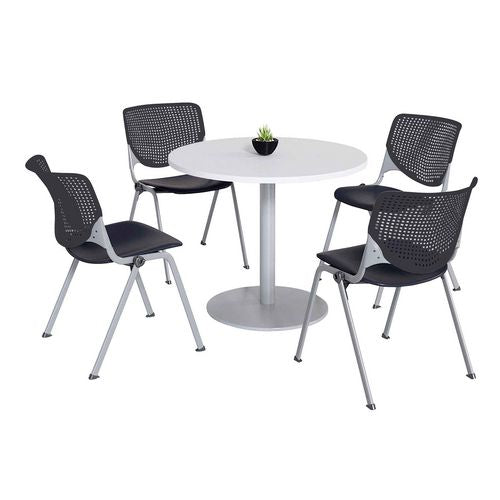 Pedestal Table With Four Black Kool Series Chairs, Round, 36" Dia X 29h, Designer White