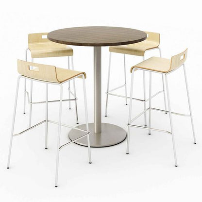 Pedestal Bistro Table With Four Natural Jive Series Barstools, Round, 36" Dia X 41h, Studio Teak