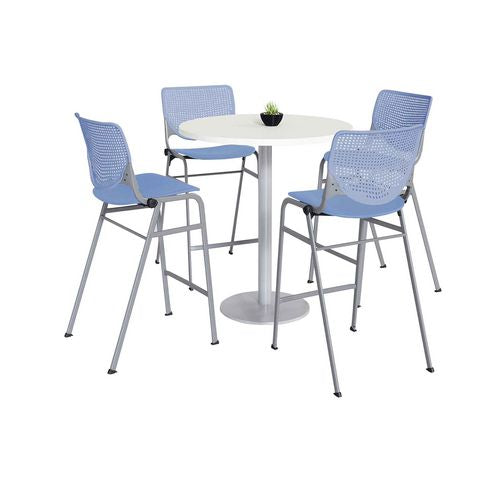 Pedestal Bistro Table With Four Periwinkle Kool Series Barstools, Round, 36" Dia X 41h, Designer White