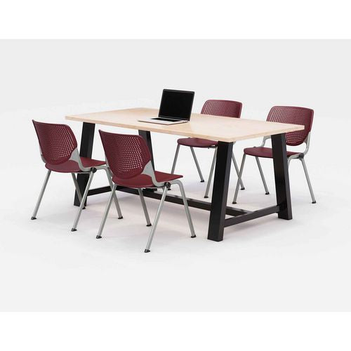 Midtown Dining Table With Four Burgundy Kool Series Chairs, 36 X 72 X 30, Kensington Maple