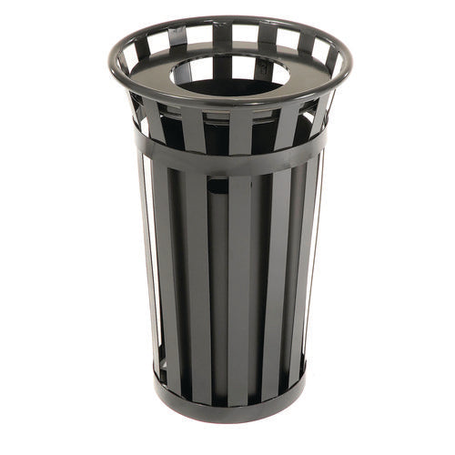 Outdoor Slatted Steel Trash Can, 24 Gal, Black