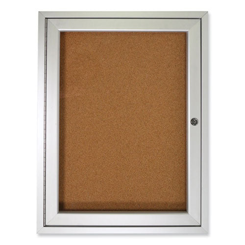 1 Door Enclosed Natural Cork Bulletin Board With Satin Frame, 18" X 24", Tan Surface, Satin Aluminum Frame