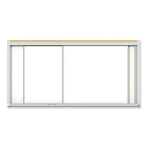 Horizontal Sliding Porcelain Magnetic Whiteboard, 96" X 48", White Surface, Anodized Aluminum Frame